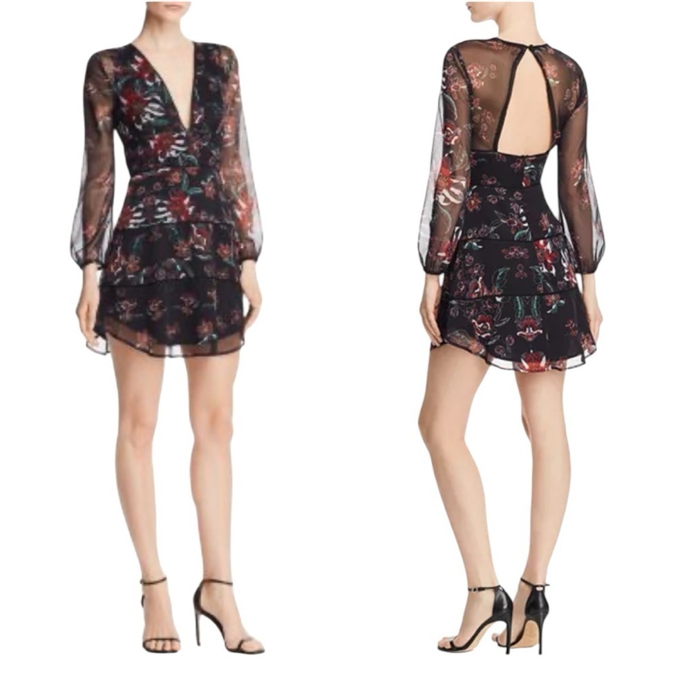 Sau Lee Nola Black Deep V Open Back Floral Mini Dress Sz 6